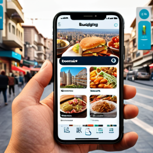 ** A person using a budgeting app on their smartphone, overlaid with icons representing different spending categories (food, shopping, transport, entertainment). The background shows a modern Turkish cityscape.

**